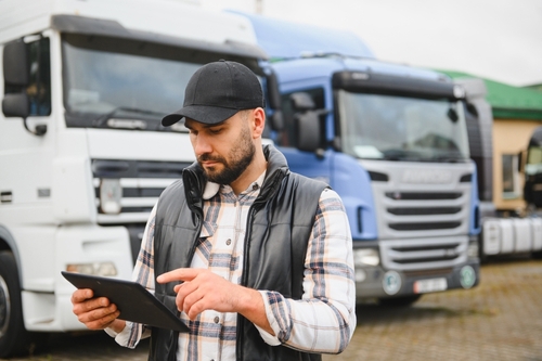 male trucker using digital tablet standing in front of commercial trucks
