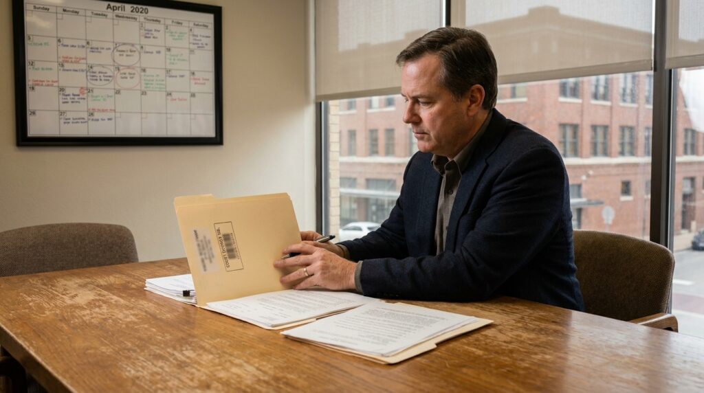 attorney reviewing court documents folder at desk with April 2020 calendar visible