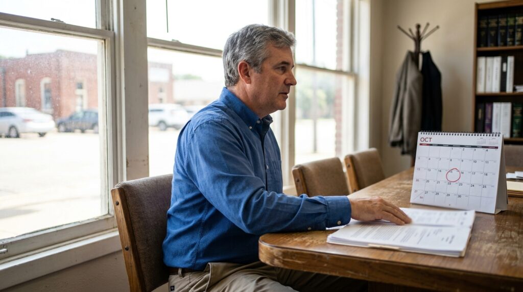 man seated at office table reviewing documents beside October desk calendar