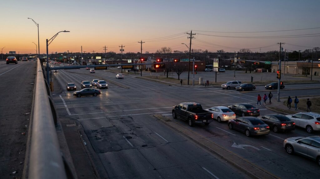 busy multi-lane intersection with vehicles and pedestrians at dusk
