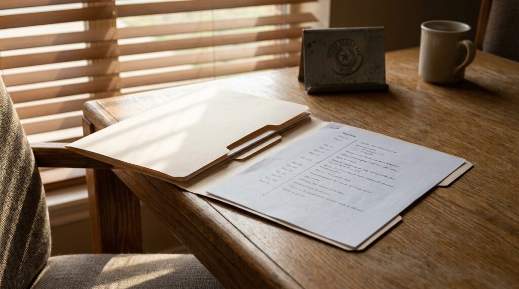 open legal file folder with handwritten timeline document on wooden desk