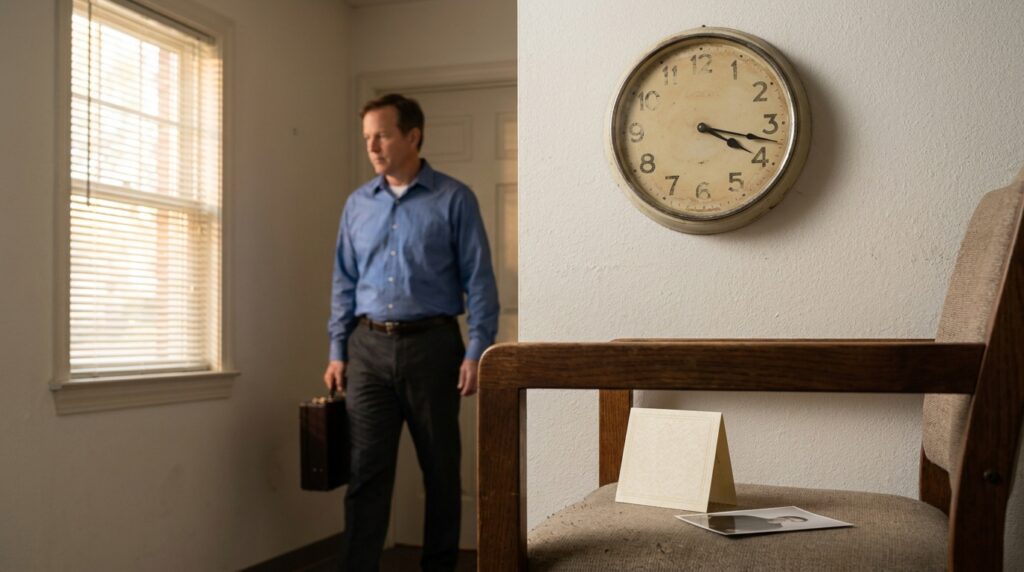 man holding briefcase standing near window with wall clock and chair